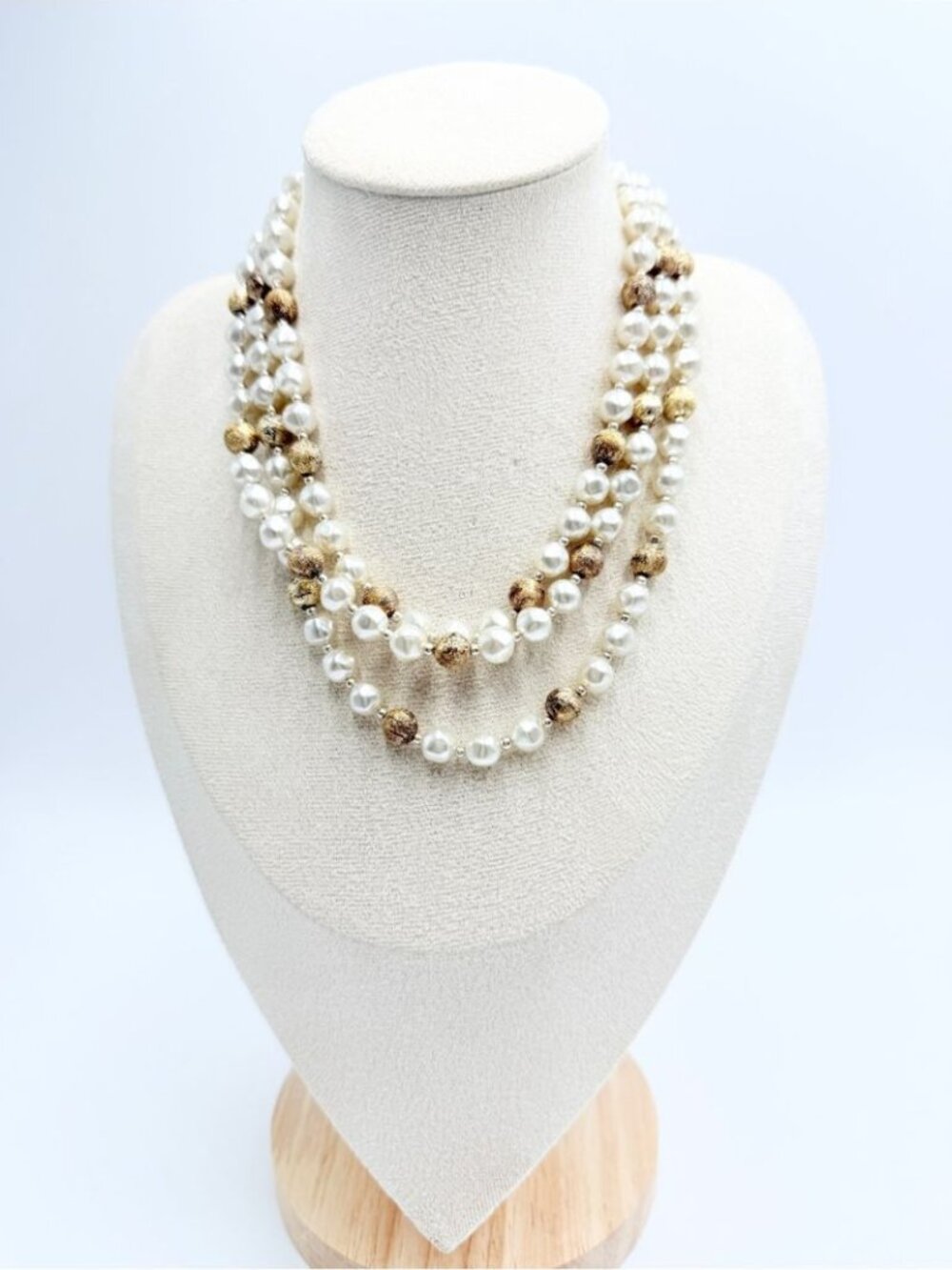 Vintage Japan Triple Strand Faux Pearl & Gold Bead Statement Necklace